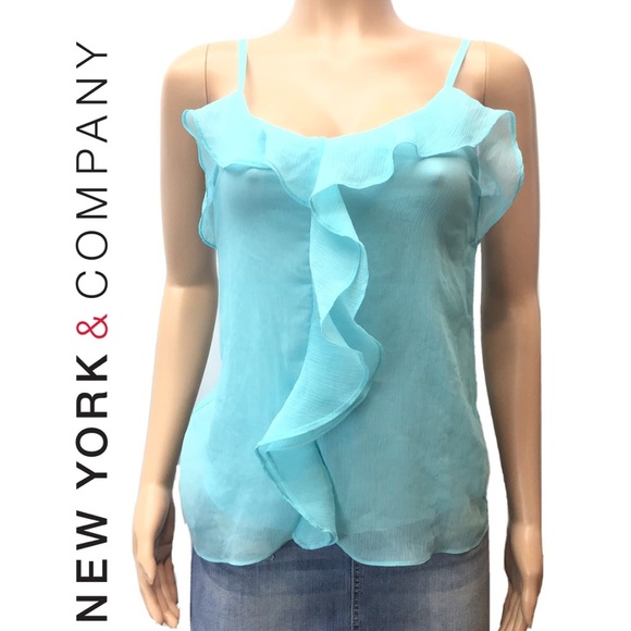 New York & Company Tops - New York & Company Womens Turquoise Blue Sleeveless Ruffle Front Top Size Small